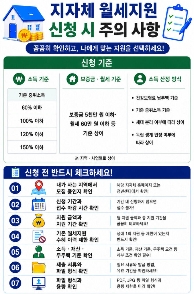 지자체 월세지원 신청 시 확인해야 할 소득 기준, 보증금·월세 기준, 소득 산정 방식과 신청 전 체크리스트를 정리한 세로형 인포그래픽 이미지. 지역별 공고문 확인의 중요성을 함께 안내합니다.