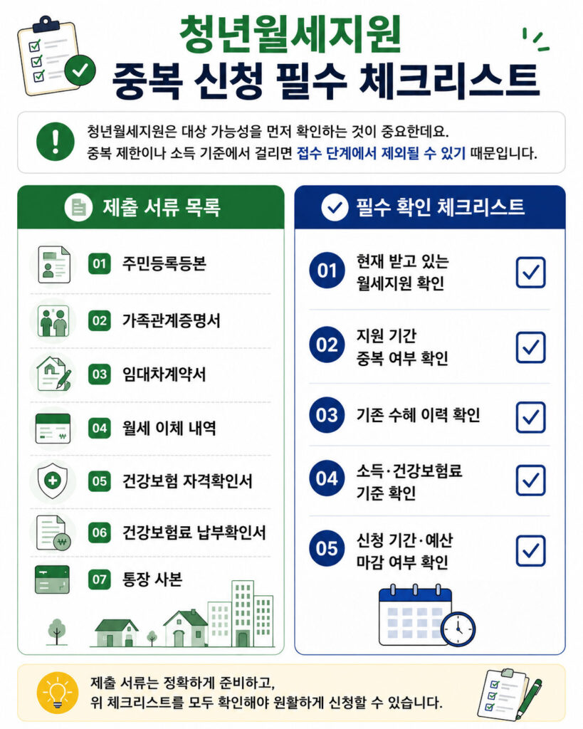 청년월세지원 중복 신청 전 준비해야 할 주민등록등본, 가족관계증명서, 임대차계약서, 월세 이체 내역 등 제출 서류와 중복 지원 여부, 기존 수혜 이력, 소득·건강보험료 기준 확인 항목을 정리한 체크리스트 인포그래픽