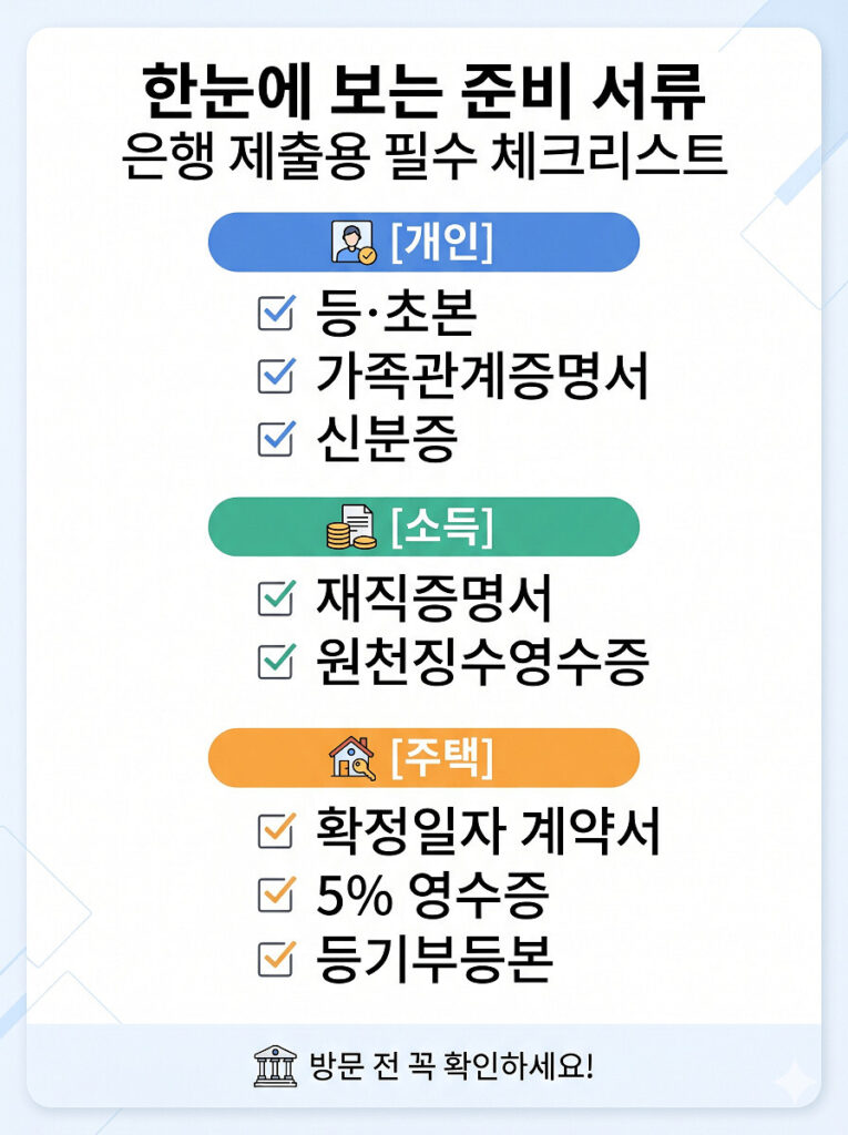 은행 제출용 필수 준비 서류를 한눈에 볼 수 있도록 정리한 2D 플랫 인포그래픽 이미지입니다. 깔끔한 배경 위에 개인용(등초본, 신분증), 소득용(재직증명서, 원천징수영수증), 주택용(확정일자 계약서, 등기부등본) 서류가 직관적인 아이콘과 함께 수직으로 정갈하게 나열되어 있어 모바일에서 바로 캡처하여 확인하기 좋습니다.