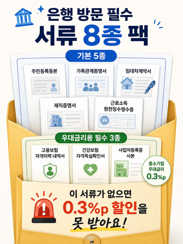 청년 전세대출 은행 방문 시 필요한 서류를 정리한 인포그래픽으로 주민등록등본, 가족관계증명서, 임대차계약서, 재직증명서, 근로소득원천징수영수증 등 기본 서류와 중소기업 우대금리 적용을 위한 고용보험 자격이력 내역서, 사업자등록증 사본, 주업종코드 확인서를 서류 봉투 형태로 보여주는 이미지