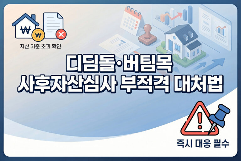 깔끔한 남색 배경에 "디딤돌·버팀목 표시 자산심사 부적격 대처법"이라고 적힌 크고 굵은 흰색과 노란색 타이포그래피가 특징인 전문적인 1200x800 한국어 블로그 썸네일입니다.