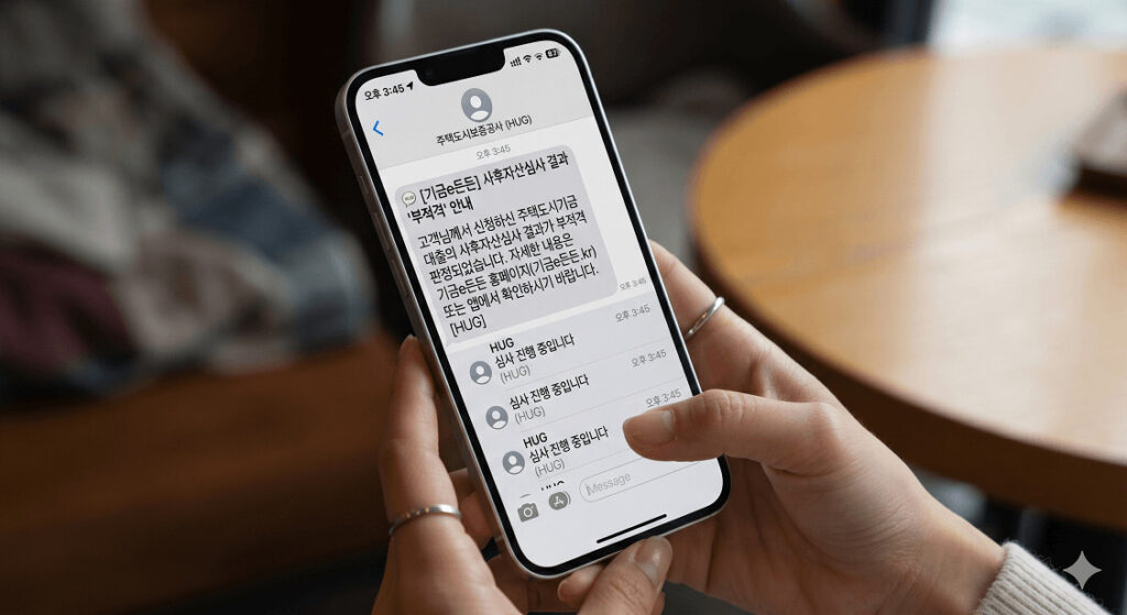 기금e든든 부적격 문자를 확인하는 젋은 청년의 이미지