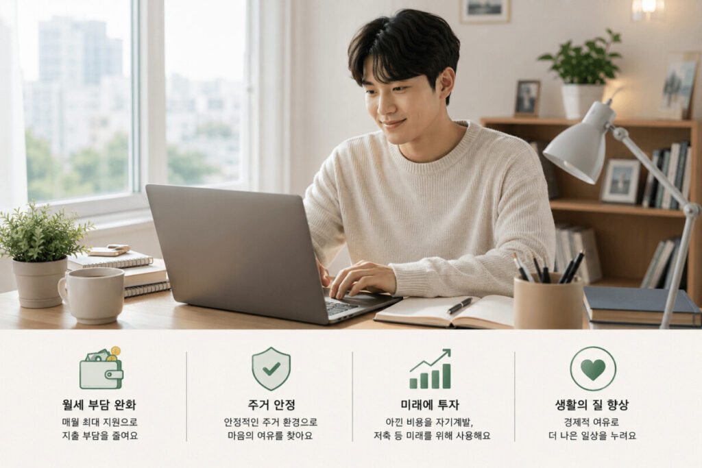 청년월세지원으로 월세 부담을 줄이고 주거 안정을 확보한 청년이 노트북으로 미래를 준비하는 모습과 함께 월세 부담 완화, 주거 안정, 미래 투자, 생활의 질 향상 혜택을 보여주는 이미지
