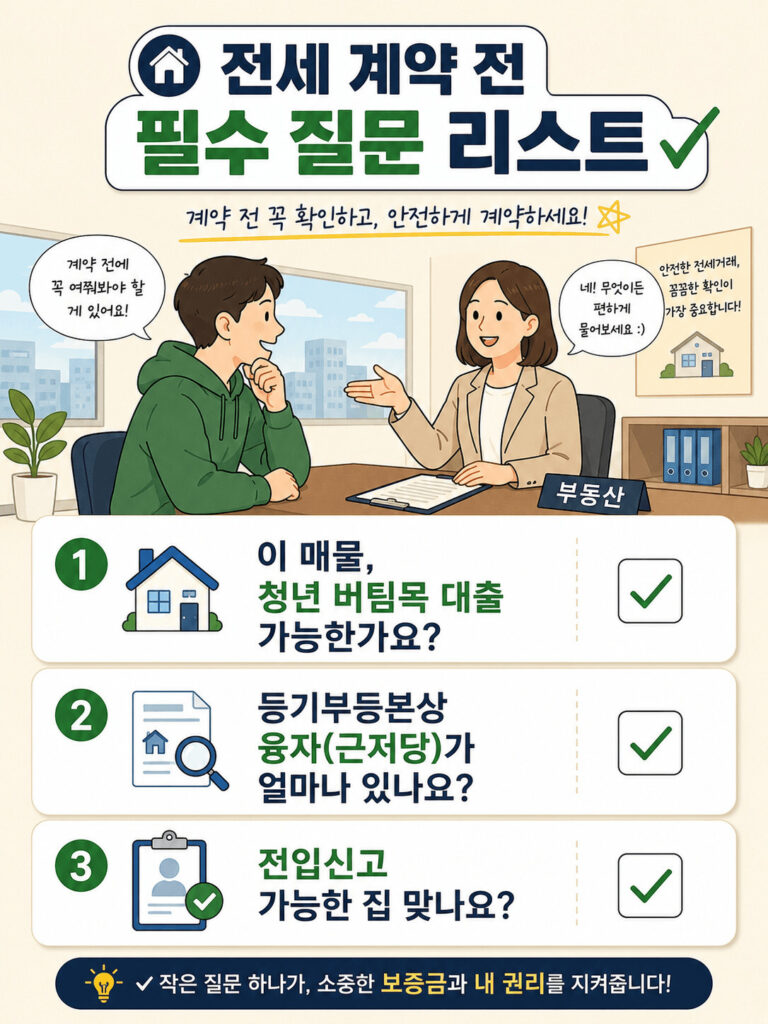 청년 버팀목 전세자금대출을 준비하는 임차인을 위한 전세 계약 전 필수 질문 체크리스트 이미지로 대출 가능 여부, 근저당 확인, 전입신고 가능 여부를 부동산 중개사에게 확인해야 할 핵심 항목으로 정리한 인포그래픽