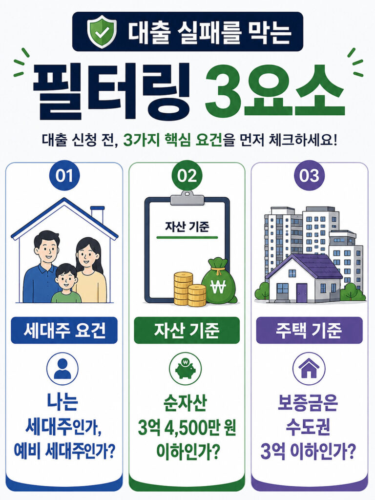 전세자금대출 신청 전 반드시 확인해야 할 3가지 핵심 요건을 정리한 인포그래픽으로 세대주 요건, 순자산 3억 4,500만 원 이하 기준, 수도권 보증금 3억 원 이하 주택 기준을 체크리스트 형태로 설명하는 이미지