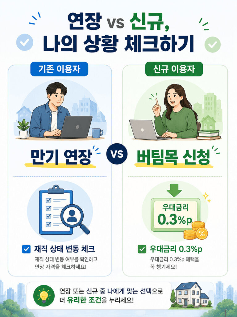 전세대출 기존 이용자와 신규 이용자의 선택지를 비교한 인포그래픽으로 기존 이용자는 만기 연장과 재직 상태 변동 여부를 확인하고, 신규 이용자는 청년 버팀목 대출 신청과 우대금리 0.3%포인트 혜택을 확인하는 모습을 보여주는 이미지
