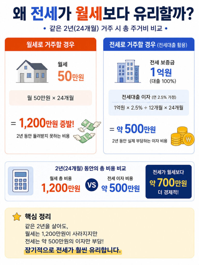 전세와 월세의 비용 차이를 비교한 인포그래픽으로 월세 50만 원 기준 2년간 1,200만 원 지출과 전세대출 이자 약 500만 원을 비교해 전세 전환의 장점을 설명한 이미지