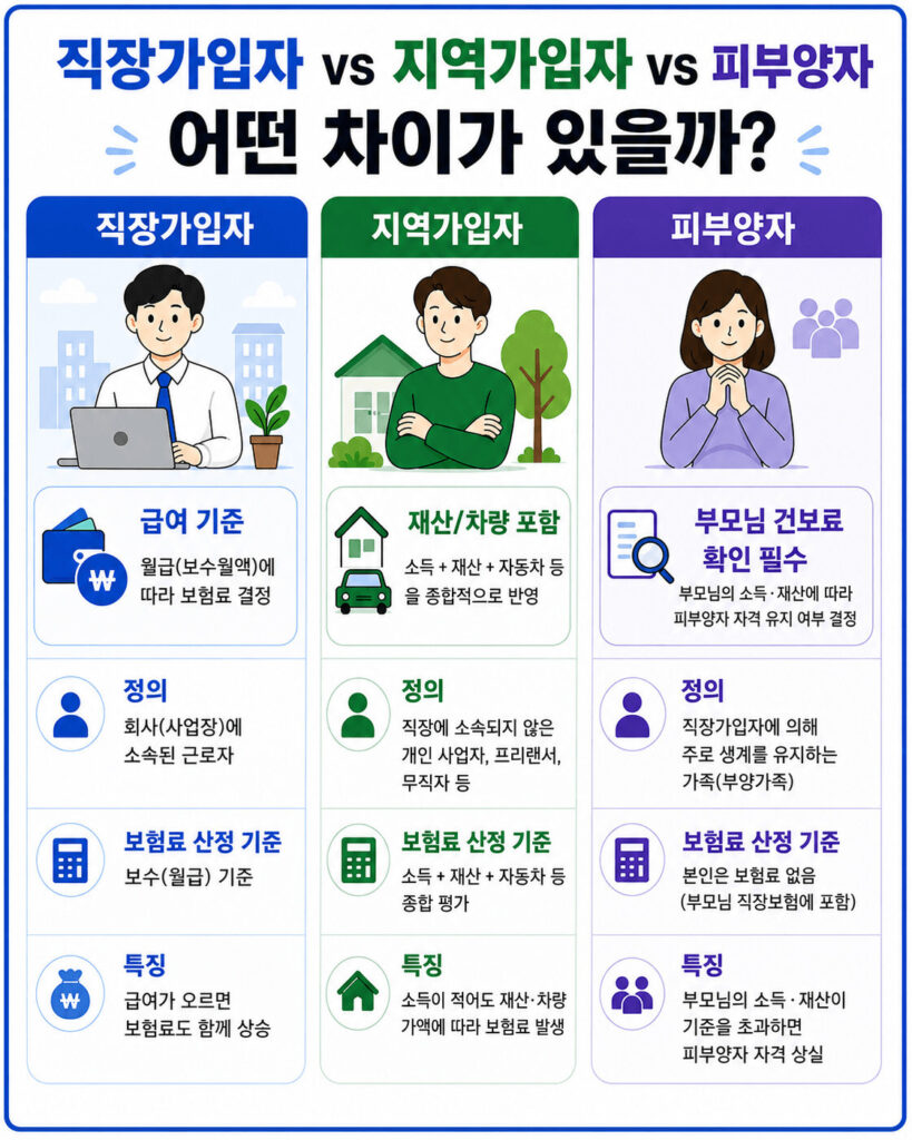 건강보험 직장가입자와 지역가입자, 피부양자의 차이를 비교한 인포그래픽으로 보험료 산정 기준, 자격 조건, 재산·차량 반영 여부, 부모님 건강보험료 확인 필요성을 쉽게 설명한 이미지
