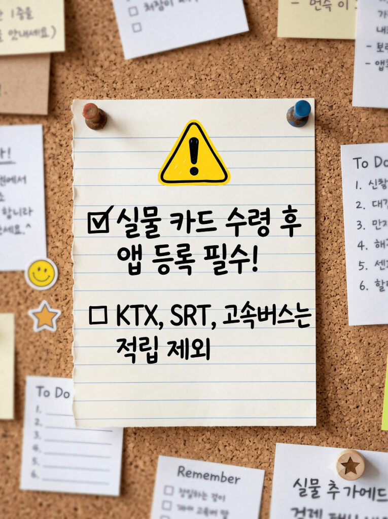 코르크 보드 위에 핀으로 고정된 공책 메모지 형태의 인포그래픽 이미지입니다. 상단에는 노란색 삼각형 경고 아이콘이 크게 배치되어 있고, 그 아래로 체크박스 기호와 함께 '실물 카드 수령 후 앱 등록 필수!', 'KTX, SRT, 고속버스는 적립 제외'라는 두 가지 주요 주의사항이 정갈한 손글씨 스타일로 명확하게 기록되어 있습니다.