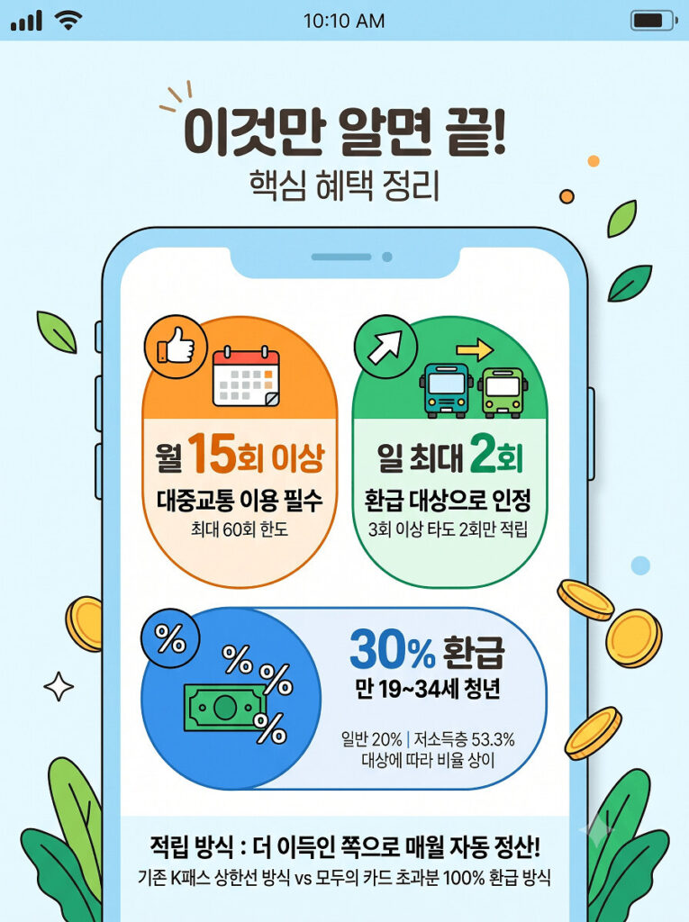 스마트폰 화면 프레임 안에 대중교통 K패스 핵심 혜택을 정리한 2D 플랫 세로형 인포그래픽 이미지입니다. 월 15회 이상 이용 필수, 일 최대 2회 환급 인정, 만 19세에서 34세 청년 대상 30% 환급이라는 3가지 핵심 수치가 아이콘과 함께 수직으로 크게 강조되어 있으며, 하단에는 매월 자동 정산되는 적립 방식이 명시되어 있습니다.
