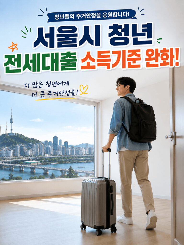서울시 청년 전세대출 소득기준 완화를 소개하는 인포그래픽으로 서울 전경과 남산서울타워가 보이는 빈 전셋집에 청년이 캐리어를 끌고 입주하는 모습을 담은 이미지