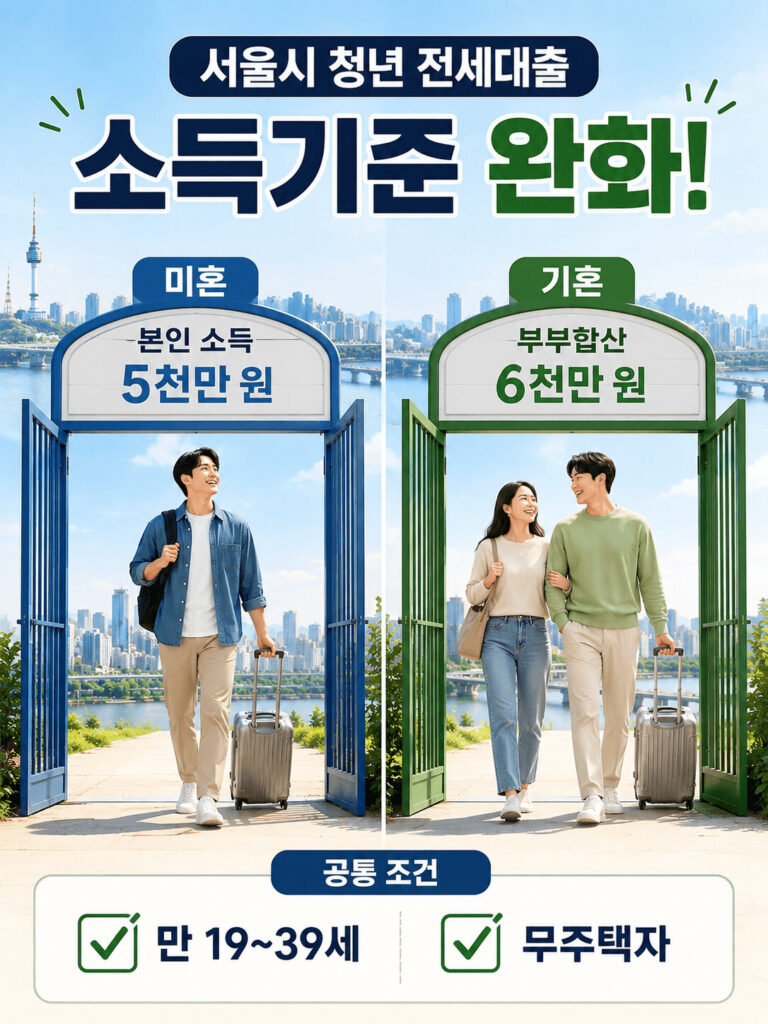 서울시 청년 전세대출 소득기준을 미혼과 기혼으로 비교한 인포그래픽으로 미혼은 본인 소득 5천만 원, 기혼은 부부합산 6천만 원 기준을 통과하는 모습과 만 19~39세, 무주택자 공통 조건을 보여주는 이미지
