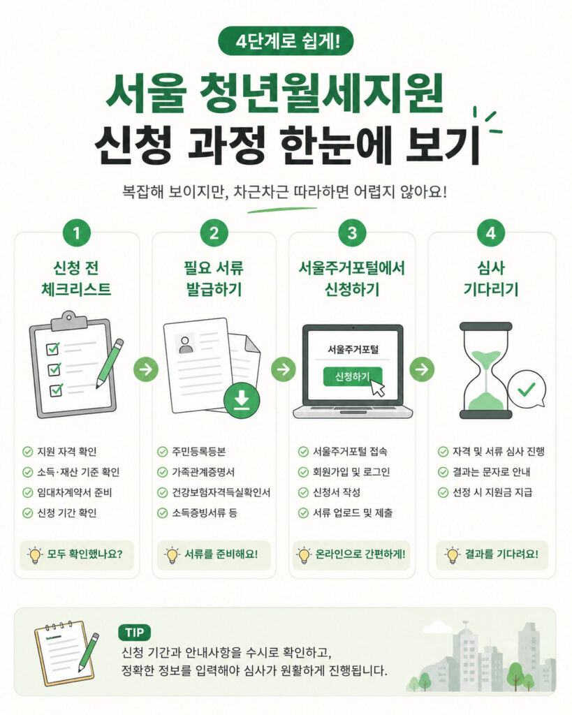 서울 청년월세지원 신청 절차를 4단계로 정리한 인포그래픽 이미지로 신청 전 체크리스트, 필요 서류 발급, 서울주거포털 신청, 심사 대기 과정을 한눈에 보여줍니다.
