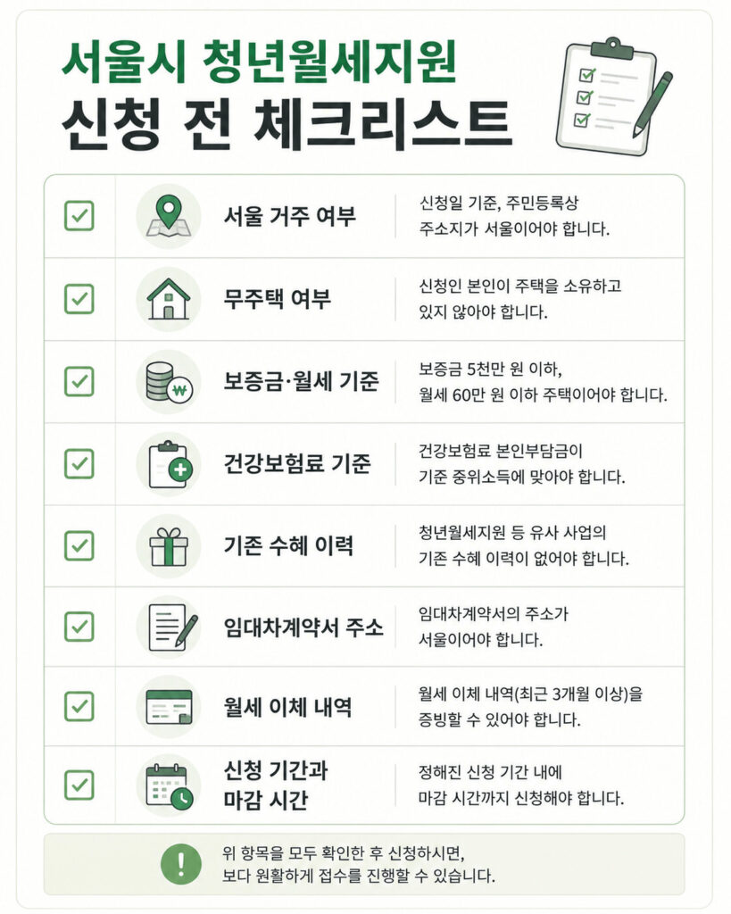 서울시 청년월세지원 신청 전 확인해야 할 서울 거주 여부, 무주택 여부, 보증금·월세 기준, 건강보험료 기준, 기존 수혜 이력, 임대차계약서 주소, 월세 이체 내역, 신청 기간과 마감 시간을 정리한 체크리스트 인포그래픽 이미지