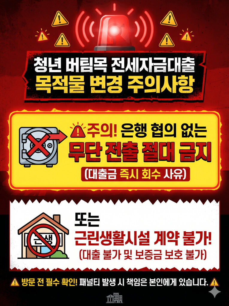 청년 버팀목 전세자금대출의 목적물 변경 주의사항을 담은 인포그래픽입니다. 이전 이미지의 자극적인 디자인 요소를 제거하고 차분한 네이비 톤과 깔끔한 폰트를 사용하여 가독성과 신뢰도를 높였습니다. '무단 전출 금지'와 '근린생활시설 계약 불가'라는 핵심 내용은 명확하게 전달하되, 시각적 부담은 줄어들도록 구성되었습니다.
