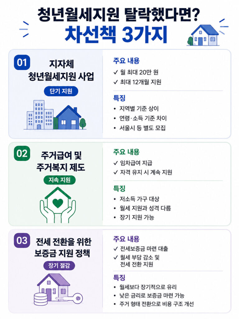 청년월세지원 탈락 시 검토할 수 있는 주거지원 대안을 비교한 인포그래픽으로 지자체 월세지원, 주거급여, 전세자금 지원의 지원 내용과 특징을 한눈에 정리한 이미지