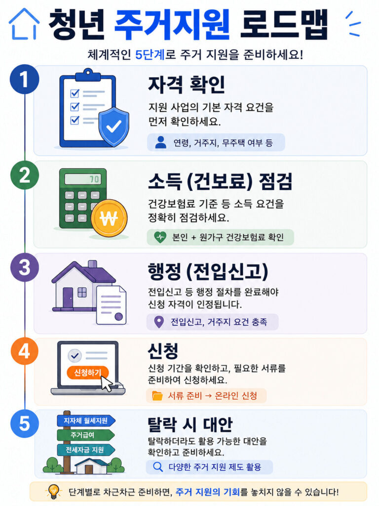 청년 주거지원 신청 절차를 한눈에 보여주는 인포그래픽으로 자격 조건 확인부터 건강보험료 점검, 전입신고, 신청 절차, 지자체 월세지원과 주거급여 등 대안 제도까지 단계별로 정리한 이미지