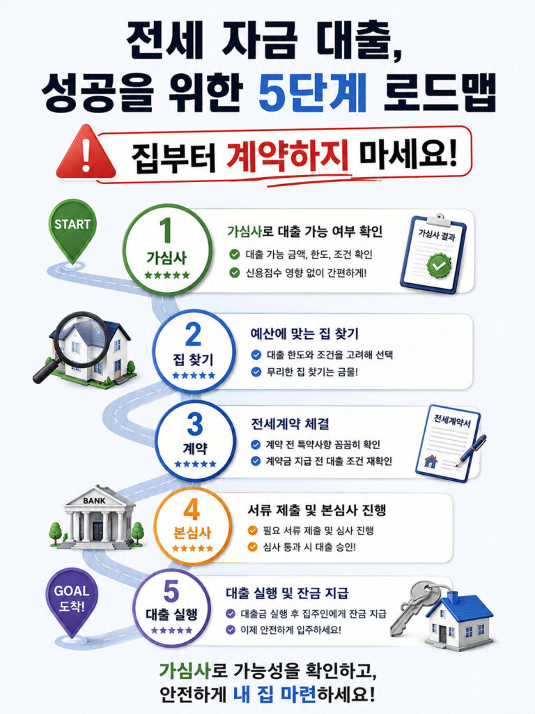 청년 버팀목 전세자금대출 준비를 위한 5단계 로드맵 이미지로 가심사부터 집 찾기, 전세계약, 본심사, 대출 실행까지의 절차와 집부터 계약하지 말아야 하는 이유를 설명하는 인포그래픽