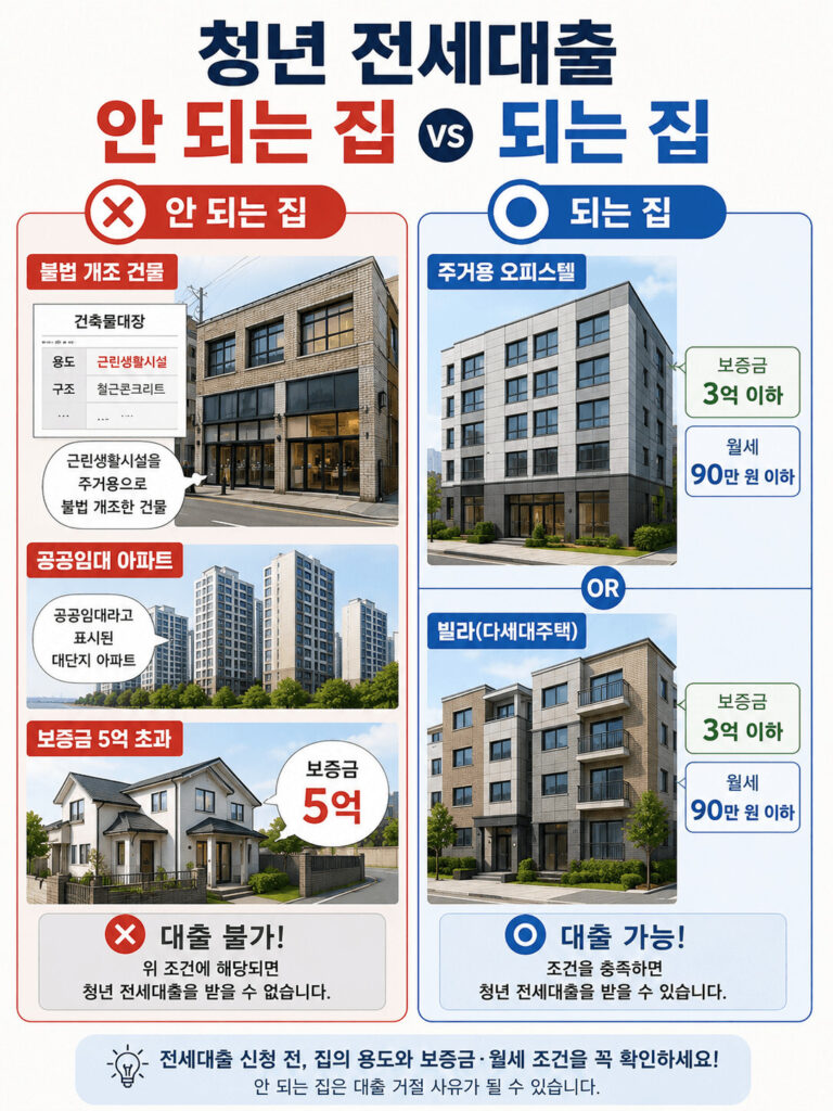 청년 전세대출이 가능한 집과 불가능한 집을 비교한 인포그래픽으로 근린생활시설 불법 개조 건물, 공공임대 아파트, 보증금 5억 원 초과 주택은 제외되고 주거용 오피스텔과 빌라(다세대주택)는 보증금 3억 원 이하, 월세 90만 원 이하 조건에서 신청 가능한 사례를 보여주는 이미지