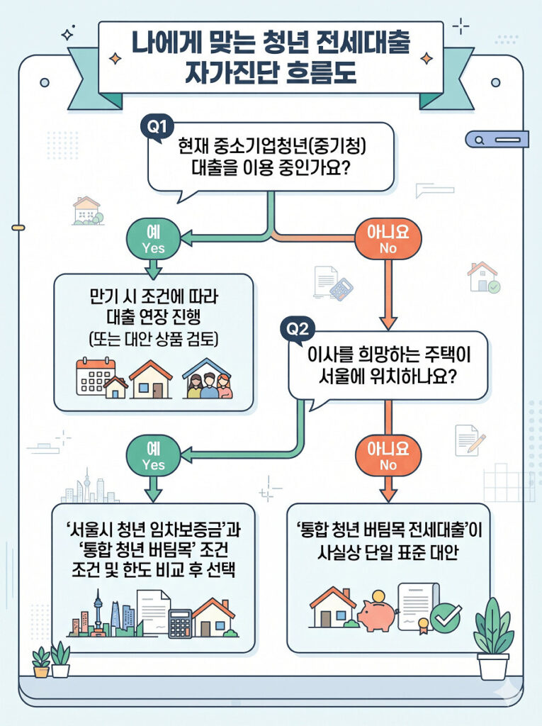 나에게 맞는 청년 전세대출을 확인하는 자가진단 흐름도 인포그래픽 이미지입니다. 중기청 대출 이용 여부와 이사할 주택의 서울 위치 여부에 따라 대출 연장, 서울시 청년 임차보증금 및 통합 청년 버팀목 조건 비교, 통합 청년 버팀목 전세대출 단일 대안 등 맞춤형 선택지를 깔끔한 2D 플랫 벡터 스타일의 수직 레이아웃으로 안내합니다.