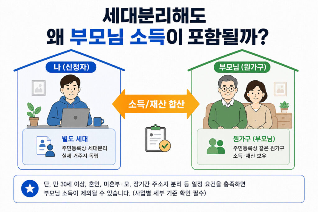 청년월세지원 건강보험료에 부모님 소득 포함 원가구 소득에 대해서 설명하고 있는 인포그래픽 이미지