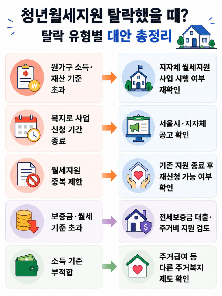 청년월세지원 탈락 후 확인해야 할 대안을 정리한 인포그래픽으로 소득·재산 기준, 신청 기간, 중복 지원 제한, 보증금·월세 기준 등 탈락 사유별로 지자체 월세지원, 주거급여, 전세보증금 지원 제도를 연결해 설명한 이미지