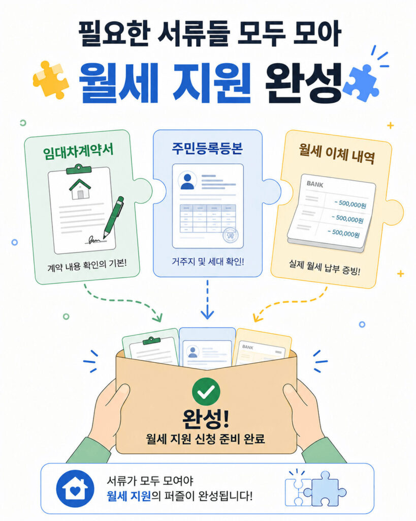 청년월세지원 신청을 위해 필요한 임대차계약서, 주민등록등본, 월세 이체 내역 등 필수 서류를 퍼즐처럼 모아 신청 준비를 완료하는 과정을 설명한 인포그래픽 이미지