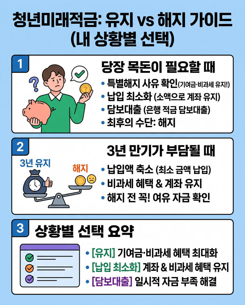 청년미래적금 유지 대 해지 가이드를 담은 세로형 인포그래픽입니다. 상단에 제목이 있고, 중앙에는 당장 돈이 필요할 때, 3년 만기가 부담될 때, 상황별 선택 요약 등 3가지 핵심 내용이 수직으로 나열되어 있습니다. 각 항목은 직관적인 아이콘과 짧은 설명으로 구성되어 모바일에서도 읽기 쉬운 플랫 벡터 스타일입니다.