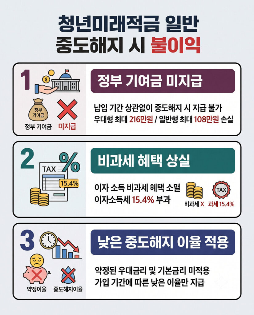 청년미래적금 중도해지할 때 발생하는 두 가지 주요 불이익을 설명하는 세로형 인포그래픽입니다. 첫 번째 항목은 정부 기여금 미지급으로, 납입 기간과 상관없이 지급되지 않음을 나타냅니다. 두 번째 항목은 비과세 혜택 상실로, 이자 소득에 대한 비과세 혜택이 없어지고 이자소득세 15.4%가 부과됨을 설명합니다. 각 항목은 큰 숫자, 직관적인 아이콘, 명확한 제목과 짧은 설명으로 구성되어 있으며, 이전 이미지보다 섹션 간 공간이 더 넓어 가독성이 향상되었습니다.