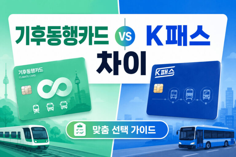 이 이미지는 블로그 게시물의 메인 타이틀을 시각적으로 나타내는 인포그래픽으로, 기후동맹카드 K패스 차이점을 직접 비교하여 독자의 관심을 끌도록 설계되었습니다.