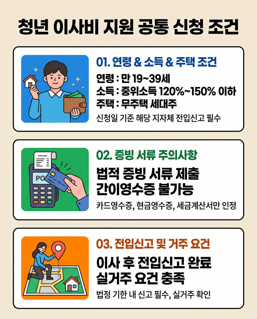 청년 이사비 지원 공통 신청 조건을 요약한 세로형 인포그래픽입니다. 연령(만 19~39세) 및 소득(중위소득 120%~150% 이하) 조건, 카드 및 현금영수증 등 정식 증빙 서류 필수 제출, 그리고 법정 기한 내 전입신고 및 실거주 요건을 큰 텍스트와 직관적인 아이콘으로 명확하게 설명합니다.