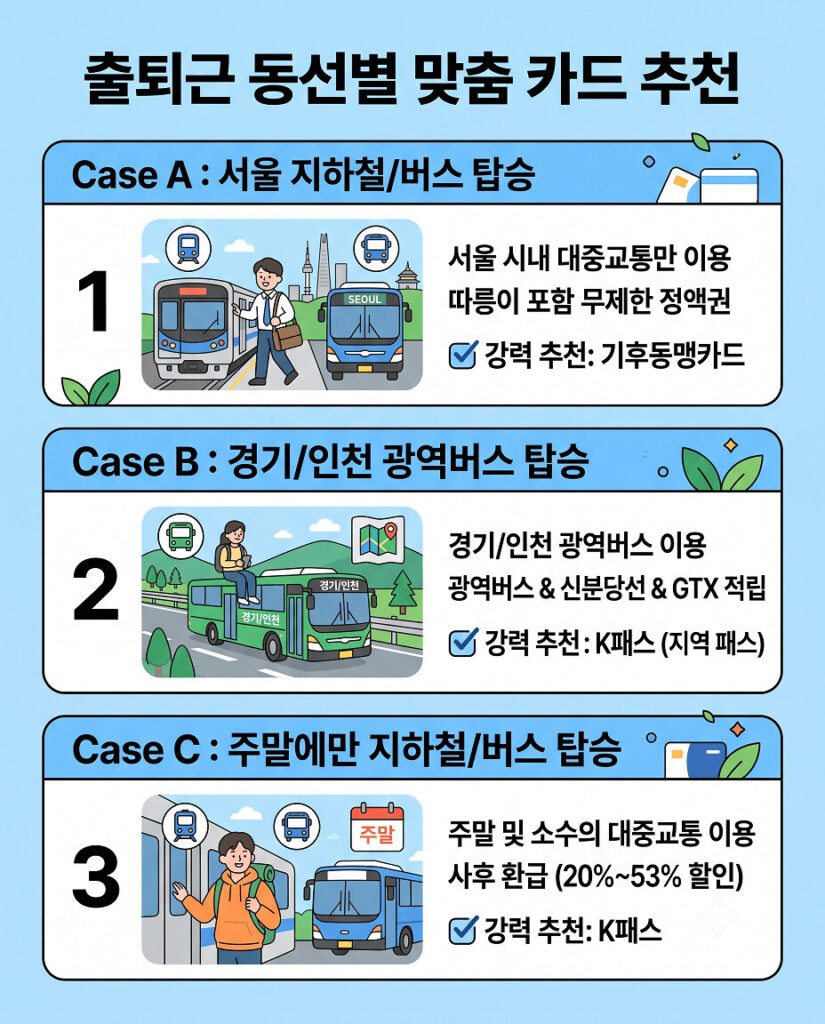 출퇴근 동선에 따른 맞춤 대중교통 카드 추천 정보를 담은 세로형 2D 플랫 벡터 인포그래픽입니다. 상단 제목 아래 세 개의 모듈로 구성되어 있으며, 각각 서울 지하철/버스, 경기/인천 광역버스, 주말 이용자에 맞춰 '기후동맹카드'와 'K패스'를 추천하고 특징을 설명합니다. 명확한 아이콘과 크고 읽기 쉬운 텍스트를 사용하여 모바일에서도 정보 전달이 원활합니다.
