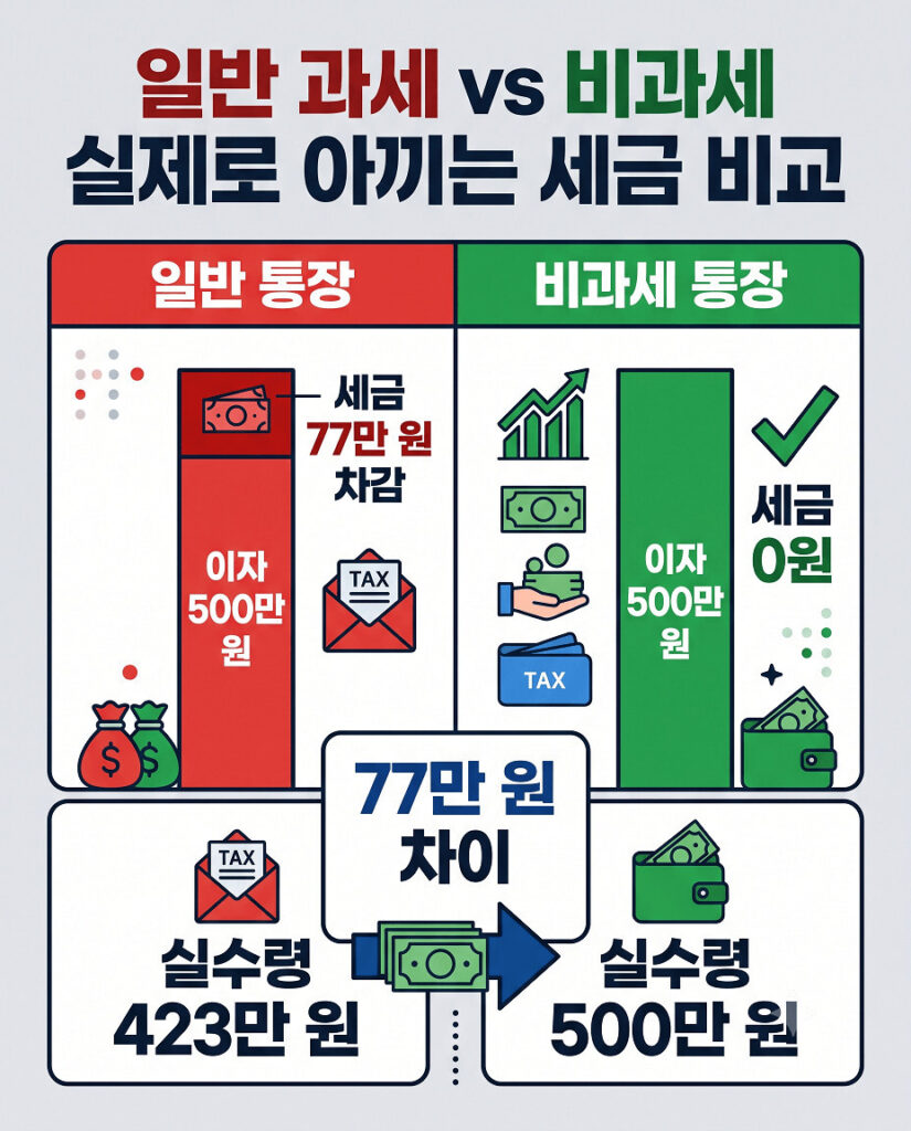 일반 과세와 청년 청약통장 비과세 통장의 실제 아끼는 세금 비교 인포그래픽입니다. 일반 통장은 이자 500만 원 중 세금 77만 원을 빨간색으로 표시하여 실수령 423만 원이고, 비과세 통장은 세금 0원을 초록색으로 표시하여 실수령 500만 원으로 77만 원의 차이를 직관적으로 보여줍니다.