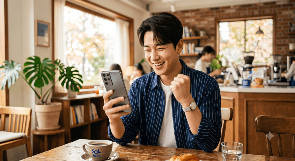 스마트폰으로 청년미래적금을 가입하고 기뻐하는 청년