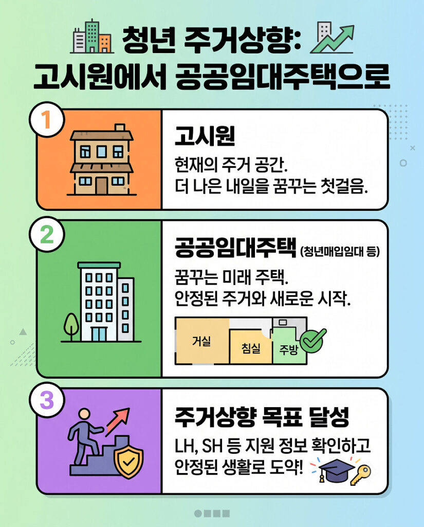 고시원에 거주하는 청년들을 위한 청년 주거상향 지원사업 정보가 담긴 세로형 인포그래픽입니다. 상단에 '고시원 청년 주거상향' 제목이 있고, 아래로 3가지 단계가 수직으로 나열되어 있습니다. 1단계는 고시원 아이콘과 '현재 주택', '더 나은 미래' 문구가 있으며, 2단계는 LH 공공임대주택 외관 및 인테리어 사진과 '청년매입임대 등', '안정된 주거' 문구가 있습니다. 3단계는 성공 아이콘과 '주거상향 목표', '도약' 문구가 있어 주거 지원 목표를 명확히 보여줍니다.