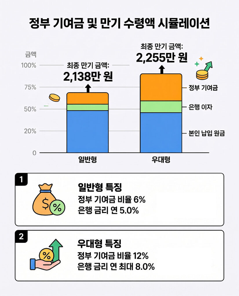 청년도약계좌 등 정부 기여금 및 만기 수령액 시뮬레이션 인포그래픽. 일반형과 우대형의 납입 원금, 은행 이자, 정부 기여금 비중을 누적 막대그래프로 비교하며, 우대형은 12%, 일반형은 6%의 
