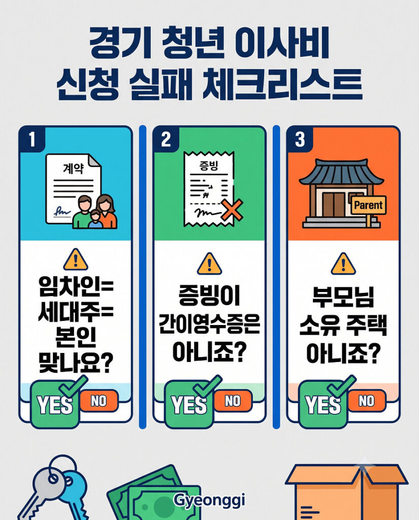 경기 청년 이사비 지원금 신청 전 반드시 확인해야 할 체크리스트를 정리한 2D 플랫 세로형 인포그래픽입니다. 상단에 큰 제목이 있으며, 아래로 세 가지 핵심 항목(임차인=세대주=본인 여부, 간이영수증 제외, 부모님 소유 주택 제외)이 명확한 박스와 아이콘으로 수직 나열되어 있습니다. 각 항목의 'YES' 버튼이 'NO' 버튼보다 훨씬 크고 돋보이며 초록색 틱이 표시되어 있어, 필수 확인 사항임을 직관적으로 보여줍니다.