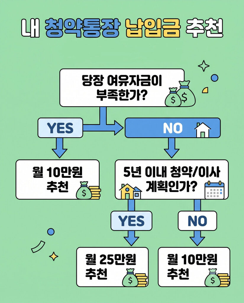 사용자의 경제 상황과 계획에 맞춰 청약통장 납입금을 추천하는 2D 플랫 세로형 인포그래픽. '당장 여유자금이 부족한가?', '5년 이내 청약/이사 계획인가?' 등의 질문에 '예' 또는 '아니오'로 답하며 월 10만원 또는 25만원 납입금을 추천하는 플로우차트 형식이다. 모바일에 최적화된 큰 텍스트와 직관적인 아이콘을 사용했다.