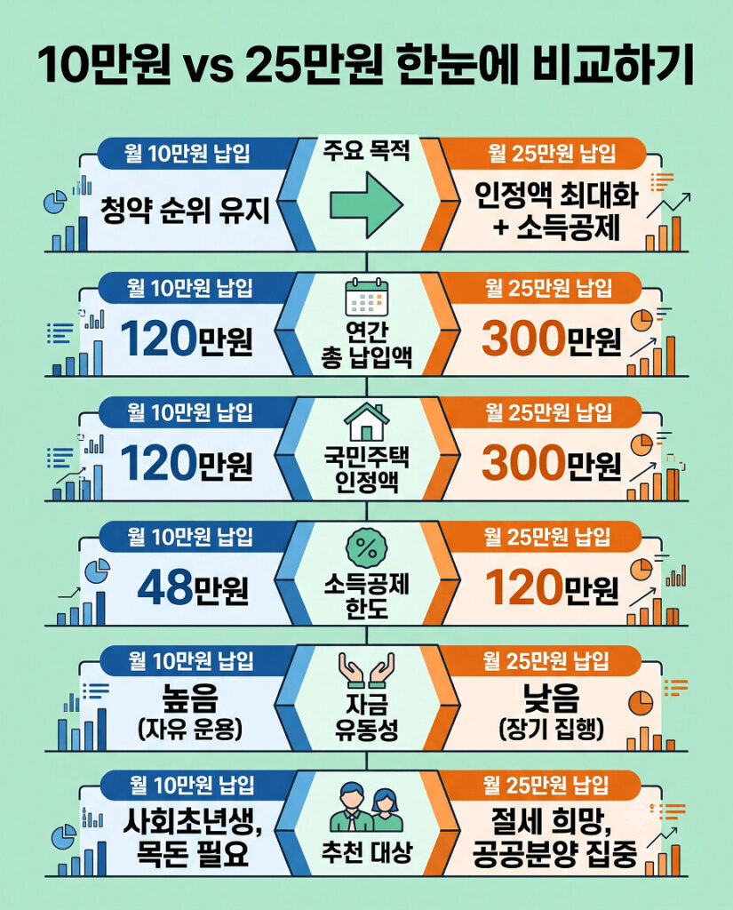 청약통장 납입금 월 10만원 대 25만원 핵심 내용을 한눈에 비교하는 2D 플랫 세로형 인포그래픽. 주요 목적, 연간 총 납입액, 국민주택 연간 인정액, 소득공제 한도, 자금 유동성, 추천 대상 등 6가지 구분으로 나누어 표 형식으로 깔끔하게 정리했다.