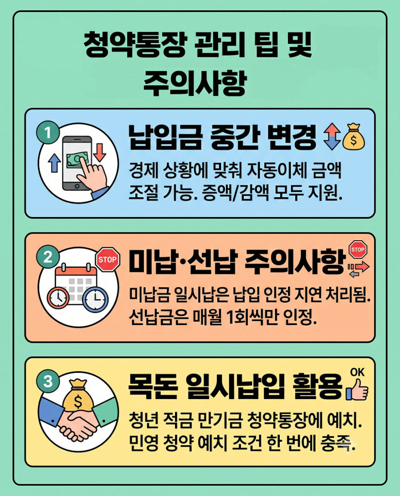 청약통장 납입금 관리 팁과 주의사항을 수직으로 나열한 2D 플랫 벡터 인포그래픽. 1번 모듈은 자동이체 금액 변경 가능, 2번 모듈은 미납 회차 일시 납입과 선납 주의사항, 3번 모듈은 청년 적금 만기금 청약통장 일시 납입 활용법을 설명한다. 모바일에 최적화된 큰 텍스트와 직관적인 아이콘으로 구성했다.