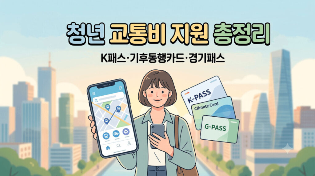 청년 교통비 지원 총정리와 K패스, 기후동행카드, 경기패스를 안내하는 이미지