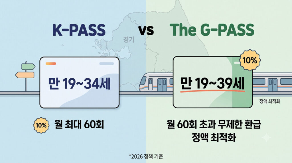 K패스와 더 경기패스의 가장 큰 차이인 대상 나이와 혜택을 한눈에 볼 수 있게 설명하는 이미지