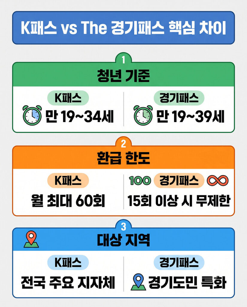 K패스와 The 경기패스의 주요 차이점을 한눈에 보여주는 인포그래픽입니다. 첫 번째는 청년 기준으로 K패스는 만 19세부터 34세까지, The 경기패스는 만 19세부터 39세까지입니다. 두 번째는 환급 한도로 K패스는 월 최대 60회, The 경기패스는 월 15회 이상 사용 시 무제한입니다. 세 번째는 대상 지역으로 K패스는 전국 주요 지자체, The 경기패스는 경기도민에게 특화되어 있습니다.