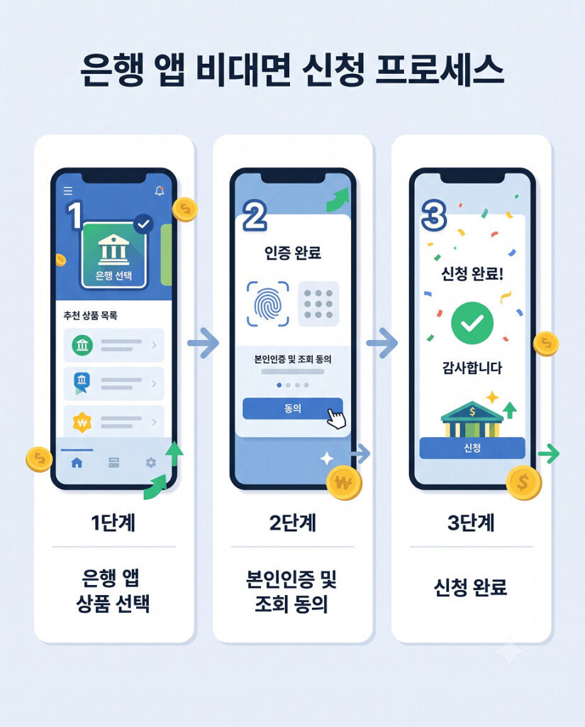 스마트폰 화면 목업 3개가 화살표로 연결된 2D 플랫 스타일의 비대면 신청 프로세스 인포그래픽입니다. 1단계 은행 앱 상품 선택, 2단계 본인인증 및 조회 동의, 3단계 신청 완료 화면이 위에서 아래로 가독성 높게 수직 배열되어 모바일 뱅킹 신청 과정을 한눈에 쉽게 이해할 수 있도록 도와줍니다.