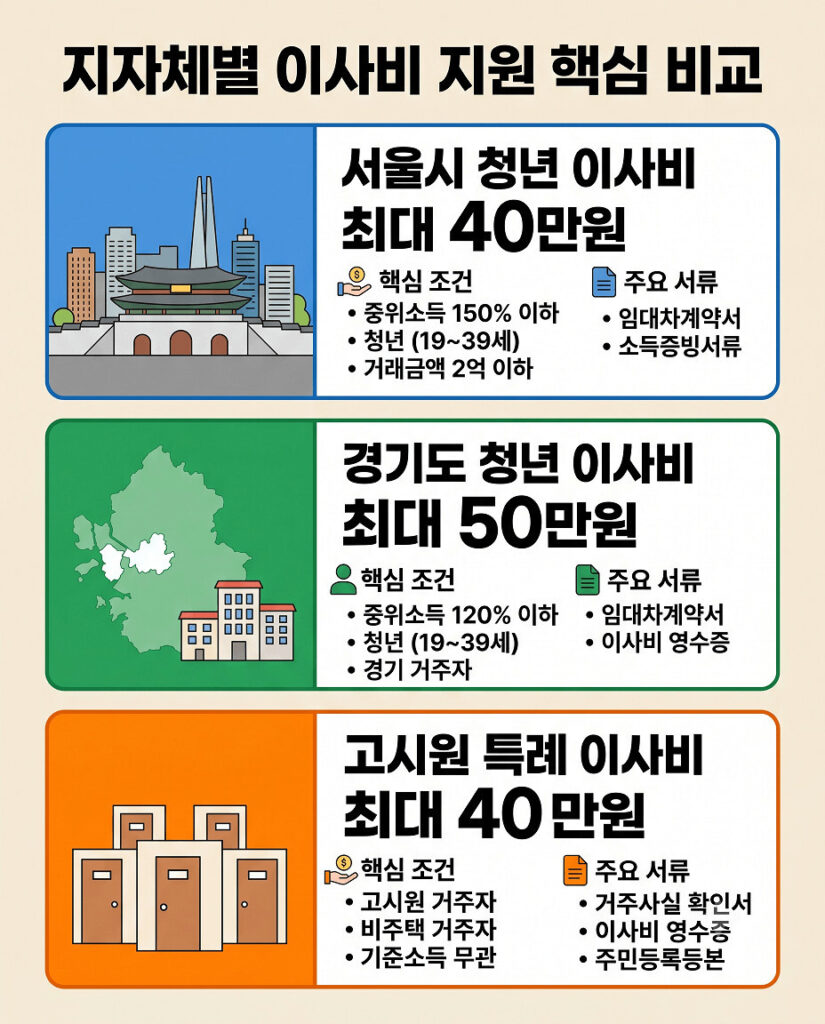 서울시 청년 이사비 최대 40만 원, 경기도 청년 이사비 최대 50만 원, 비정상 거처 및 고시원 거주자 특례 이전비 최대 40만 원 지원 조건과 혜택을 한눈에 수직으로 나열하여 비교한 모바일 최적화 2D 플랫 인포그래픽 이미지입니다.
