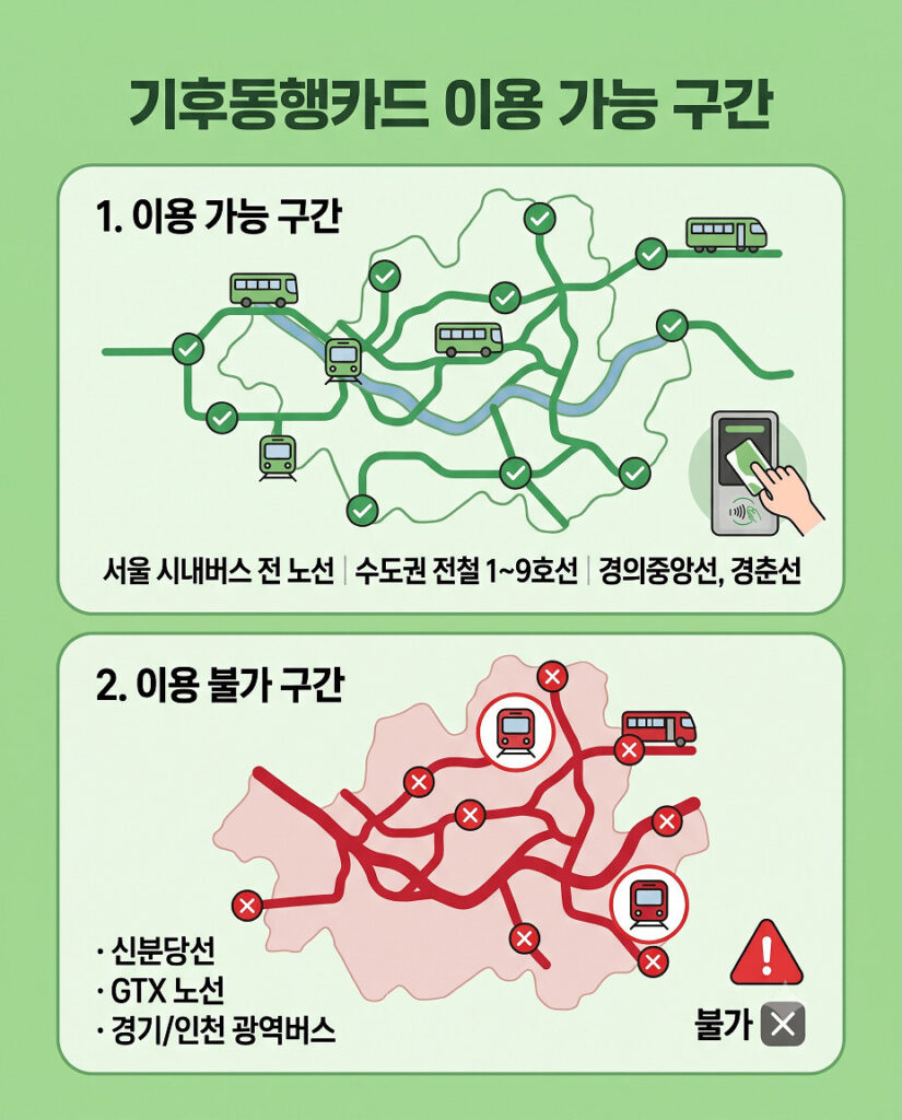 서울 기후동행카드 이용 가능 구간 및 불가 구간을 지도로 구분한 세로형 인포그래픽. 초록색 배경 위에 상단에는 제목 '기후동행카드 이용 가능 구간'이 있고, 아래로 1단계 초록색 이용 가능 지도와 2단계 빨간색 이용 불가 지도가 수직으로 나열되어 있다. 2D 플랫 벡터 스타일의 깔끔한 디자인.