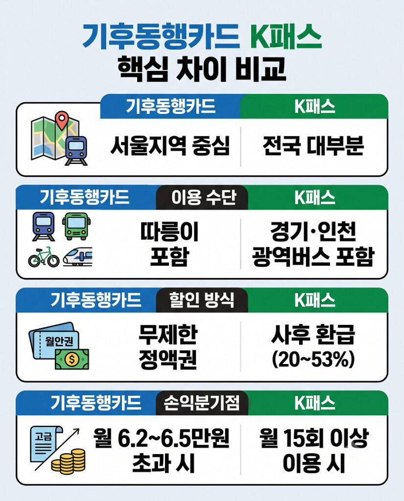 서울 기후동행카드와 국토교통부 K패스의 이용 지역, 이용 수단, 할인 방식, 손익분기점을 한눈에 비교할 수 있도록 깔끔한 표와 아이콘으로 구성한 가독성 높은 2D 플랫 스타일의 세로형 인포그래픽 이미지입니다.