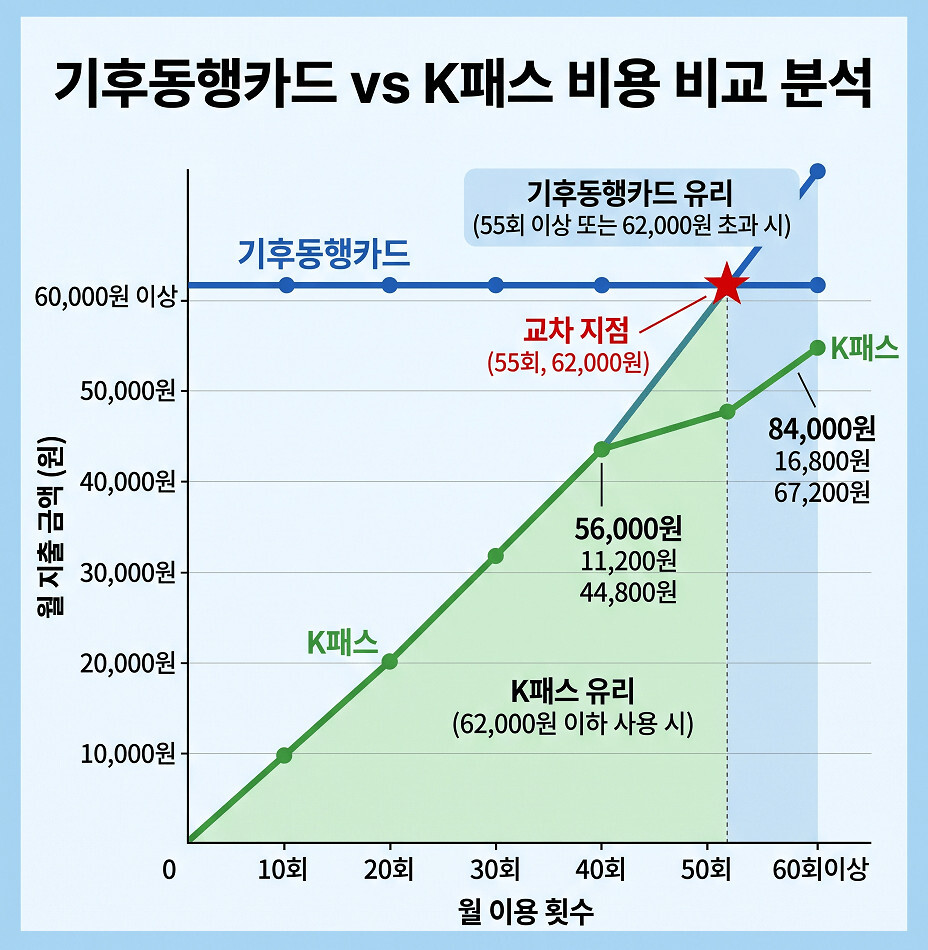 서울 기후동행카드와 국토교통부 K패스의 월 이용 횟수 및 지출 금액별 비용 추이를 비교한 선 그래프입니다. 두 카드의 이득 구간과 교차 지점을 시각적으로 명확하게 보여주는 2D 플랫 스타일의 분석 인포그래픽 이미지입니다.