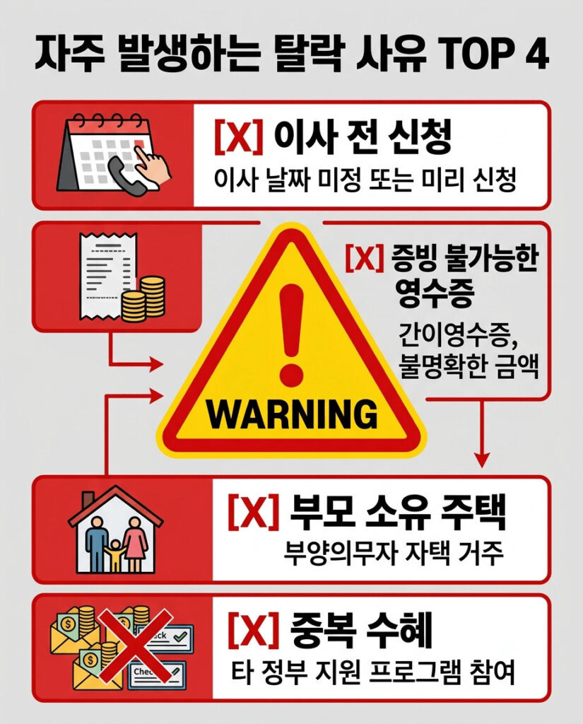 자주 발생하는 지원사업 탈락 사유 TOP 4를 직관적으로 설명하는 2D 플랫 벡터 세로형 인포그래픽입니다. 중앙의 '주의(WARNING)' 표지판을 중심으로 이사 전 신청, 증빙 불가능한 영수증, 부모 소유 주택, 중복 수혜 등 4가지 주요 탈락 사유를 각 항목별 아이콘과 큰 한국어 텍스트로 시각화했습니다. 빨간색과 노란색을 활용하여 주의를 환기시킵니다