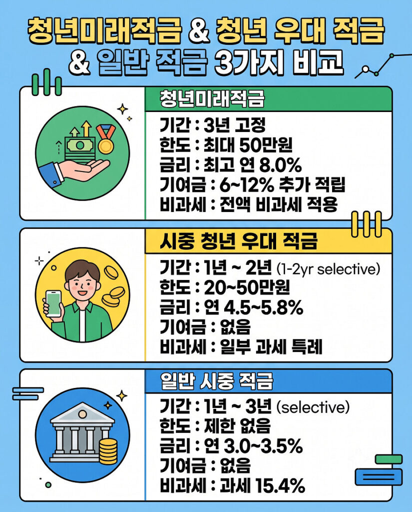 청년미래적금, 시중 청년 우대 적금, 일반 시중 적금 3가지 상품의 만기 기간, 납입 한도, 최고 금리, 정부 기여금, 비과세 혜택 차이점을 한눈에 비교할 수 있도록 요약 정리한 인포그래픽 이미지입니다.